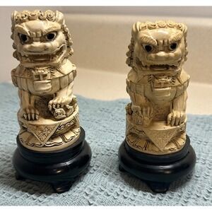 Vintage Carved Foo Dog Lions Pair Ivory Color On‎ Black Wood Stands